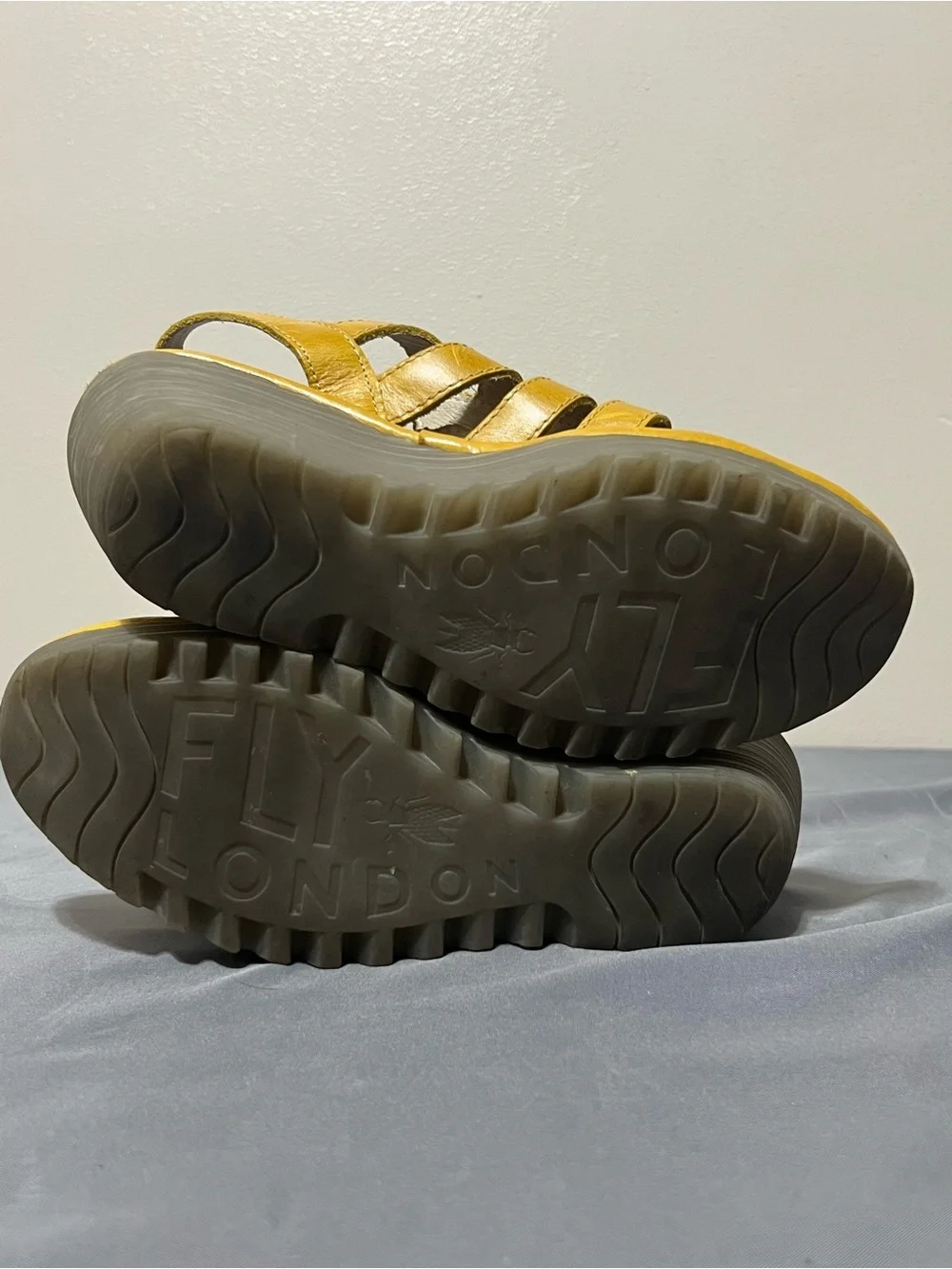 FLY London Ylfa Mustard Yellow Laced Boho Suede Wedges Sandals sz EU 38, US 9